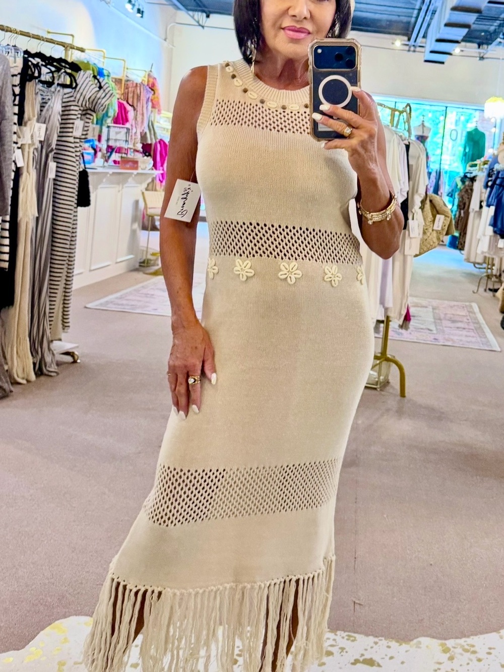 Able Sleeveless Cream Fringe Knit Midi Dress